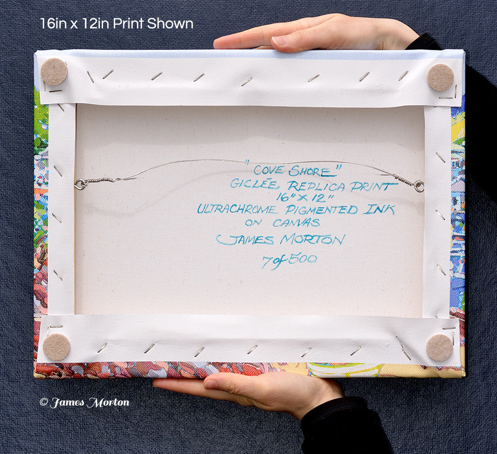 Back of Cove Shore canvas print – signed, titled, and numbered by artist James Morton