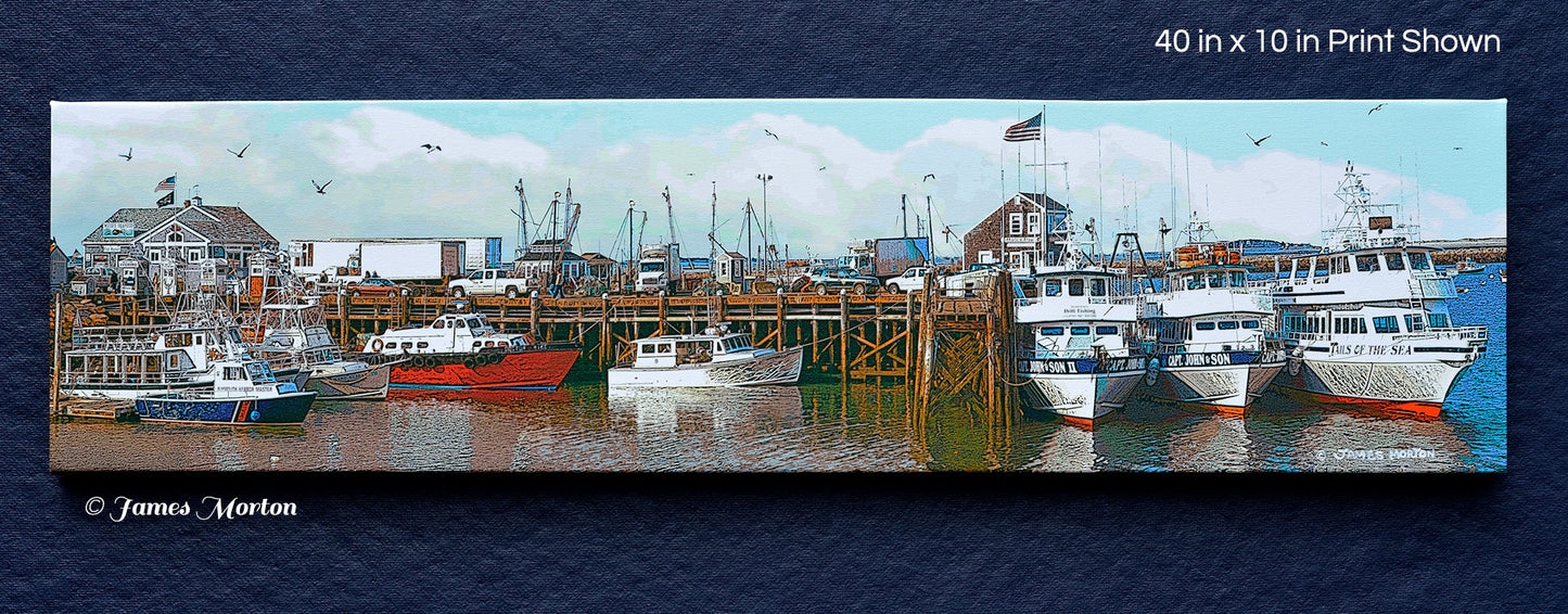 Panoramic canvas art print of Plymouth Massachusetts Town Dock featuring Woods Seafood and Harbormaster by artist James Morton