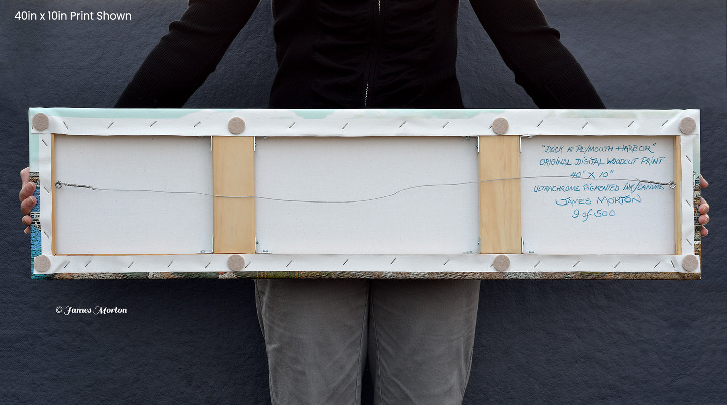 Textured detail of stretched canvas back hand signed by artist– Plymouth Massachusetts Town Dock woodcut print on fine art canvas.