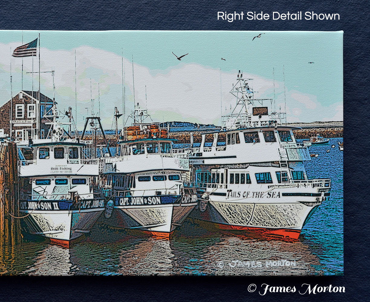 Detail of Captain John & Son whale watch tour boats and Harbormaster building – Plymouth Harbor canvas art print.