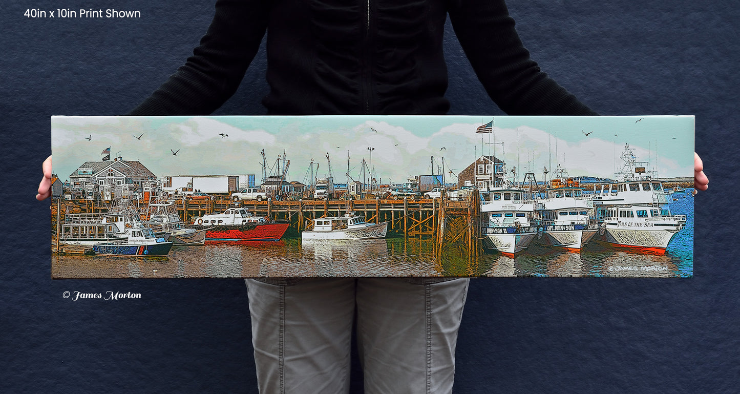 Handheld view of 40x10 inch Plymouth Town Dock canvas print by James Morton – stretched and ready to hang.