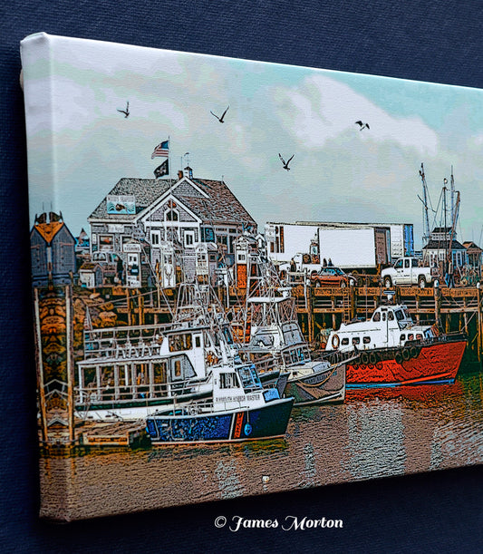 Close-up of Woods Seafood on Plymouth MA Town Dock canvas art print – digital woodcut by James Morton