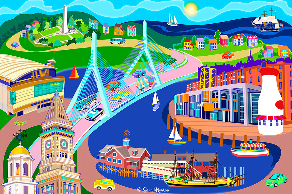 Boston MA Print: Children's Museum, Zakim Bridge, Boston Harbor. Imaginary trip filled with landmarks and charm.
