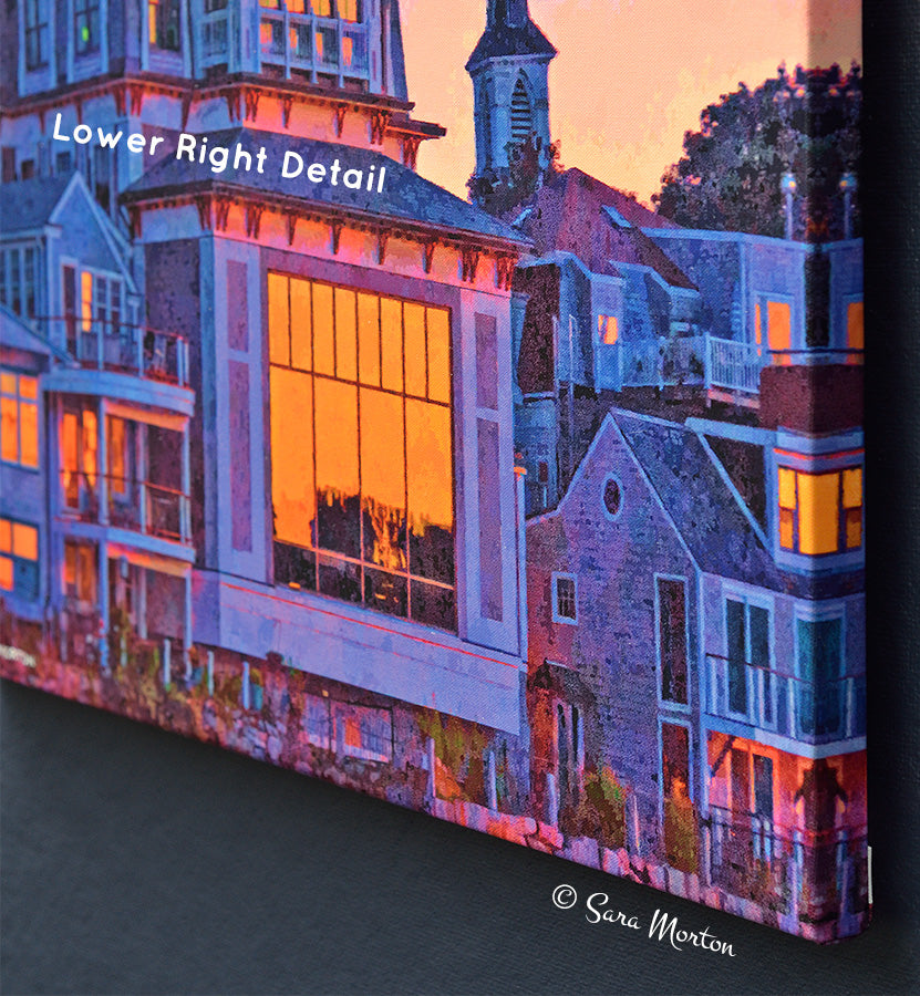 Rockport Ma Art Print on Canvas, Close-up of Shalin Liu Performance Center building with colorful lighting on windows at sunset.