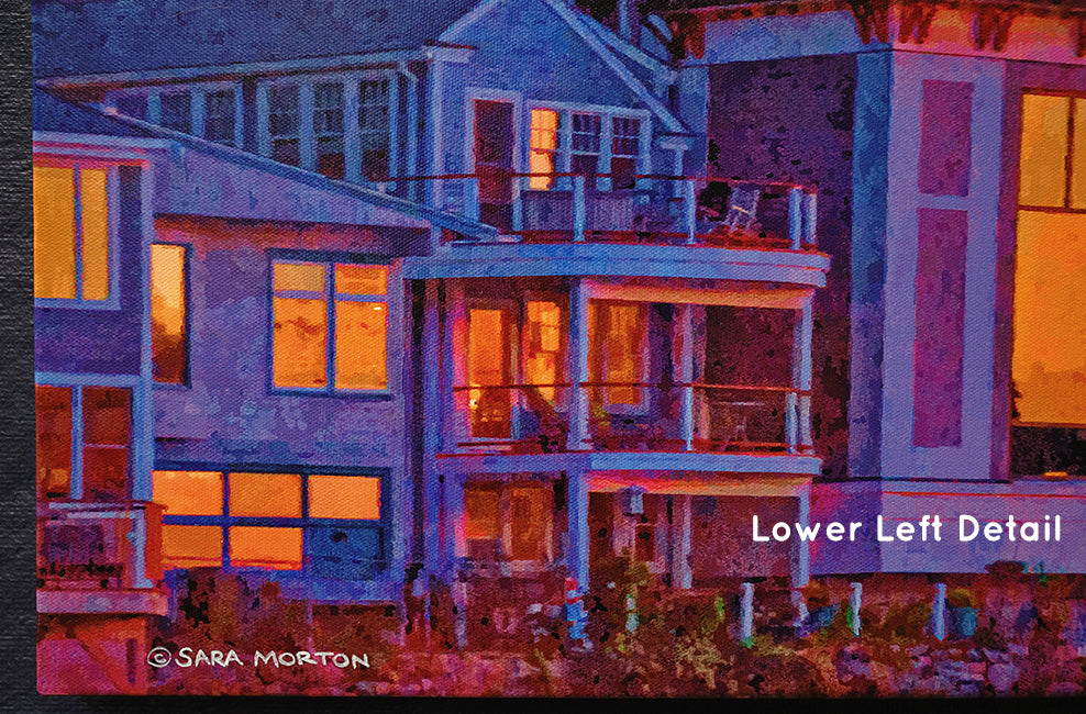 Rockport Ma Art Print on Canvas, detail of Shalin Liu with glowing windows at night, signed by Sara Morton.