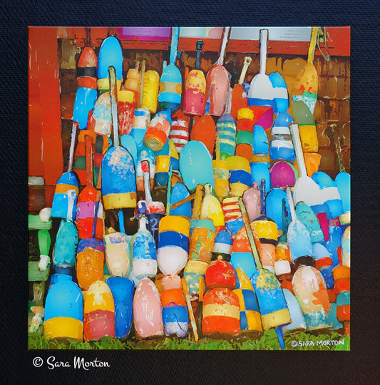 Front-facing full image of 16x16in Rockport Lobster Buoys stretched canvas gallery wrap