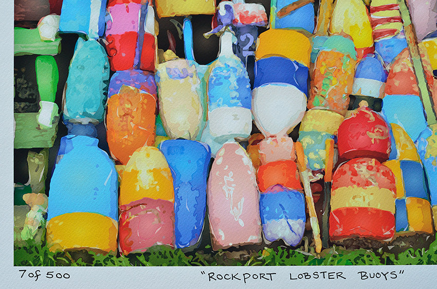 Close-up detail of lobster buoys and floats watercolor texture from Rockport Massachusetts fine art print. Numbered and titled by the artist.