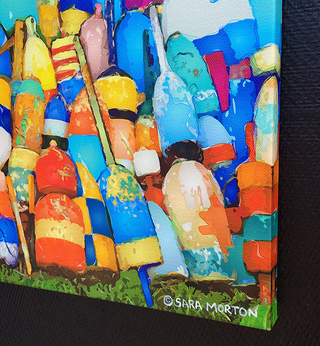 Close-up detail showing canvas texture and image-wrapped edges of Rockport Lobster Buoys print