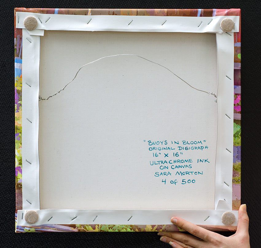 Rockport Lobster Buoys and Flowers - Stretched Canvas Print, back signed and numbered by artist Sara Morton. Limited Edition prints.