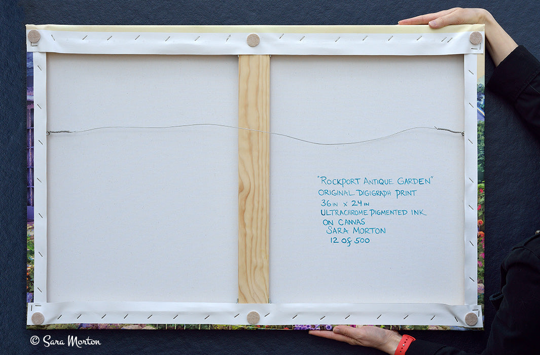 Back of 36x24 canvas print of Rockport Antique Garden – hand signed, titled, and numbered by artist Sara Morton