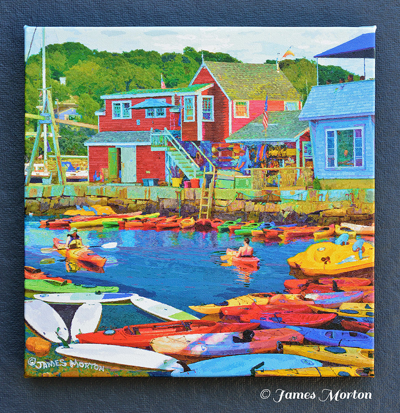 Rockport MA Kayaking canvas print - showcasing a lively harbor scene with kayakers and colorful paddle boards. Front view of 12x12 inch print.