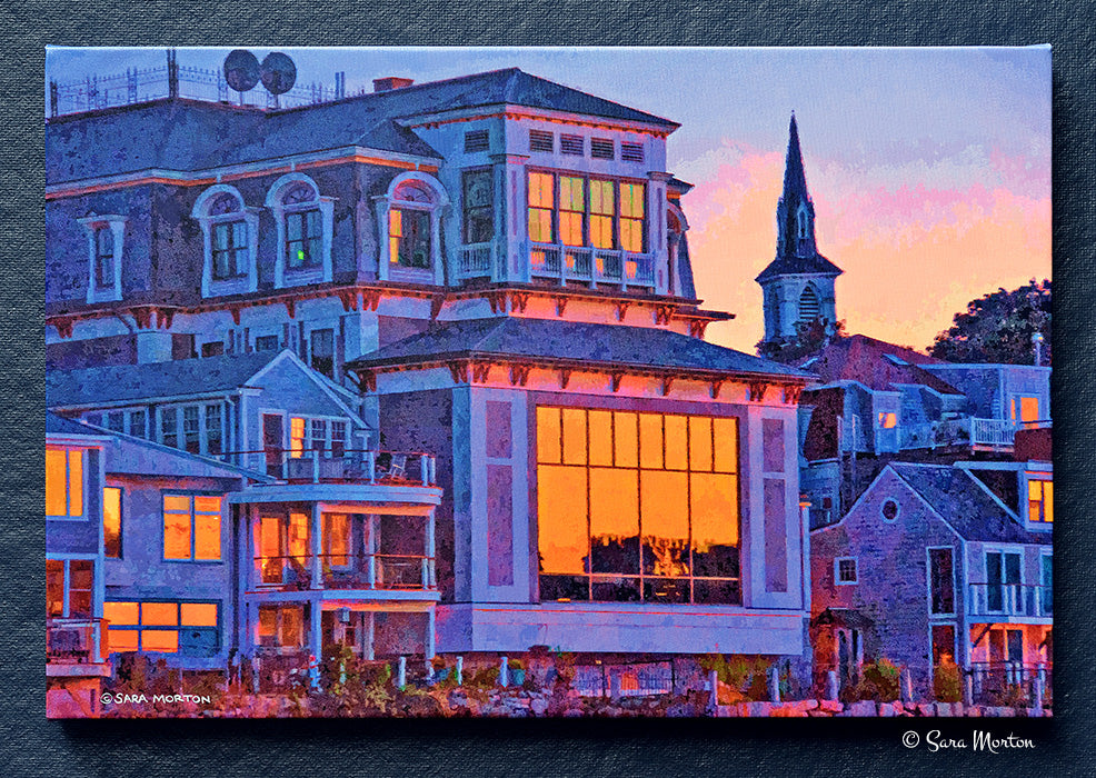 A stretched canvas art print featuring Rockport, Massachusetts, with the Shalin Liu Performance Center and Bearskin Neck area in autumn sunset, key colors are violet, blue, orange, and yellow gold.