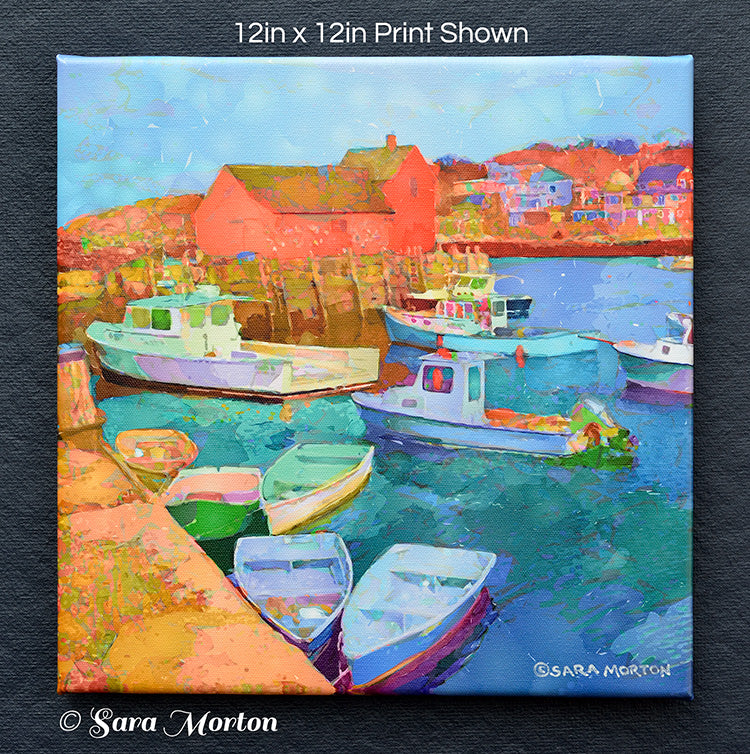 Colorful Canvas Print 12x12 of Rockport MA painting of a harbor scene with Motif #1 and boats.