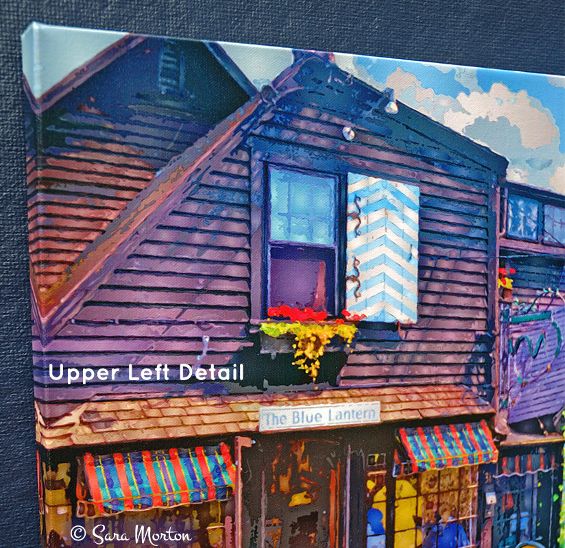 Canvas Print of Blue Lantern Gift Shop in Rockport, MA. Close up of wooden building with a window and flower box.