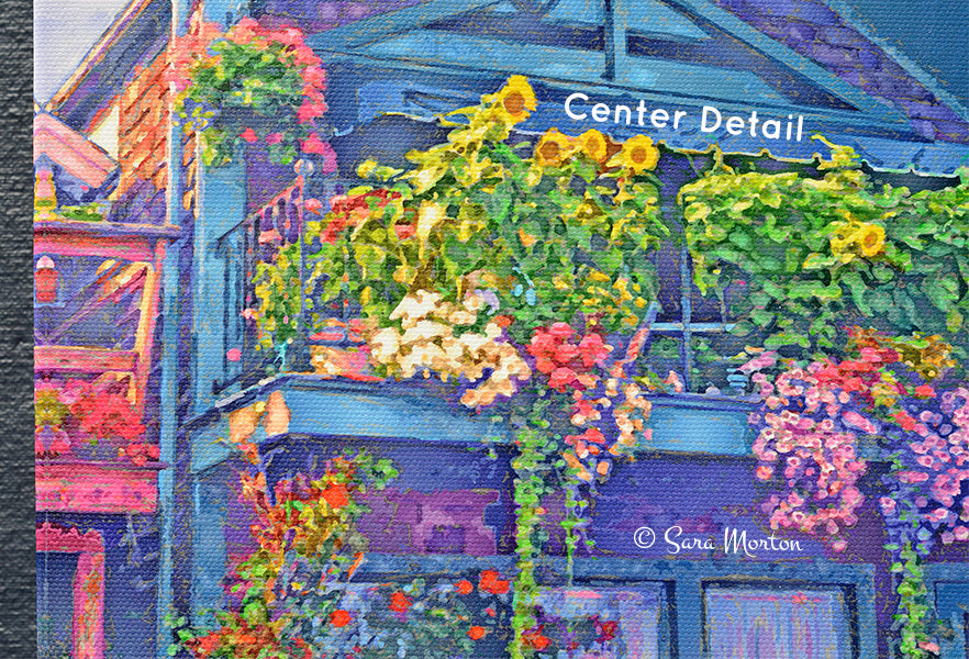 Canvas Print of Rockport MA: Step into scenic Bearskin Neck and view this charming house balcony and back porch cascading with blooms. As you gaze upwards, you'll be greeted by the sight of a cozy oceanfront cottage in soothing violet and teal tones.