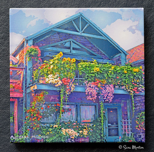 Scenic Rockport Art Print: Bearskin Neck, Bradley Wharf Balcony. Coastal charm in vibrant colors. Handmade in MA.