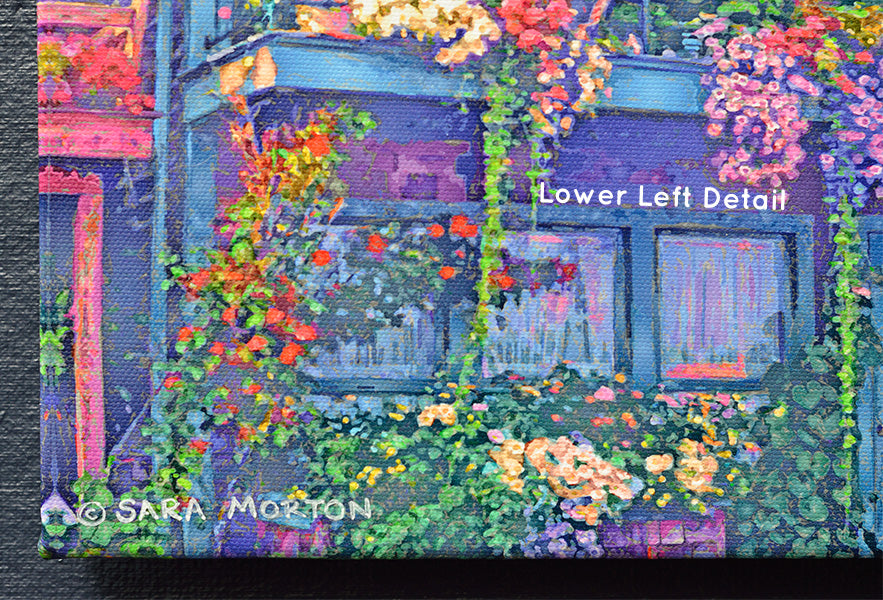 Canvas Print of Rockport MA: Step into scenic Bearskin Neck and view this charming house balcony and back porch cascading with blooms. As you gaze upwards, you'll be greeted by the sight of a cozy oceanfront cottage in soothing violet and teal tones.