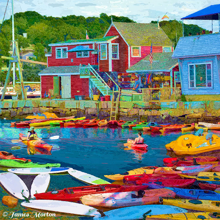 Rockport Kayaking Original Art Print by James Morton, featuring a vibrant harbor view at North Shore Kayak in Rockport, Massachusetts.