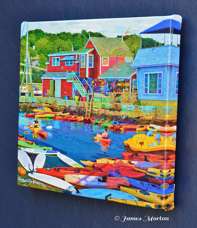 Right side view of 12x12 inch canvas print of Rockport MA Kayaking, featuring North Shore Kayak, the serene harbor and the beloved 7th Wave Restaurant.