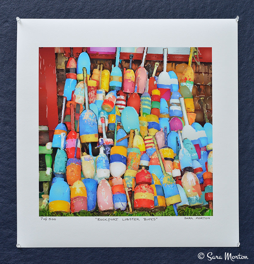 "Rockport Lobster Buoys" 16x16in fine art digigraph print on watercolor paper. Colorful lobster boat floats.