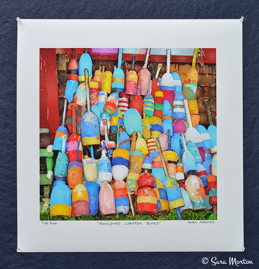 "Rockport Lobster Buoys" 16x16in fine art digigraph print on watercolor paper. Colorful lobster boat floats.
