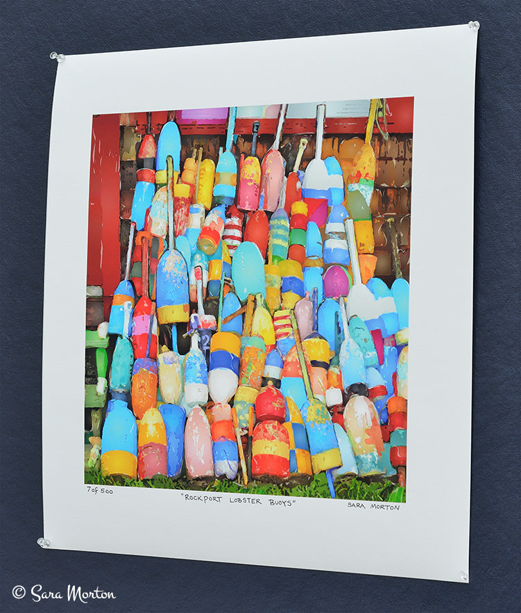 Right side angled view of limited edition Rockport lobster buoys print by New England artist Sara Morton
