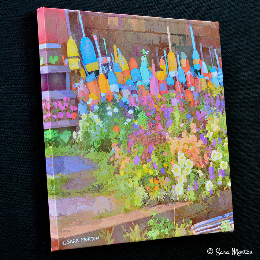 Handmade Digigraph canvas print of lobster buoys and flowers against a weathered cedar house
