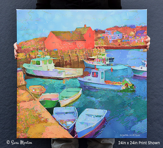 24x24 stretched canvas print of Rockport Motif Number One harbor scene with boats. Coastal New England Art.