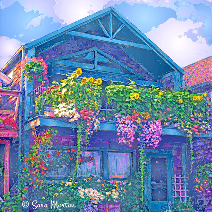 Rockport MA Art Print: Bearskin Neck, Bradley Wharf Balcony. Captivating coastal charm. Flower garden in vivid colors. Handmade in Massachusetts.