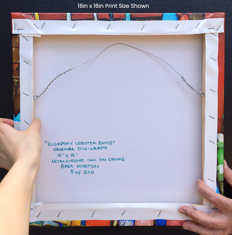 Back of 16x16in Rockport Lobster Buoys stretched canvas print. Hand signed, titled and numbered by artist. Ready to hang.