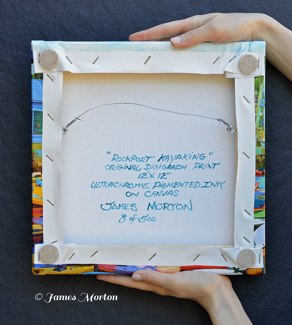 Back of 12x12 inch canvas print of 'Rockport Kayaking' by James Morton, displaying the artist's hand labeling and signature for authenticity.