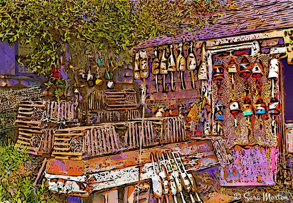 Art Print of Rockport MA Roy Moore Lobster Shack. Digital Woodcut depicting the Back Shack of Roy Moore with a rustic collection of lobster floats, buoys, and lobster traps.