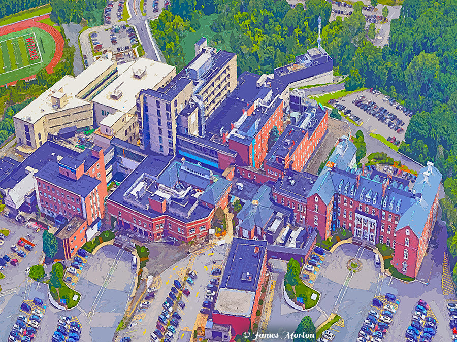 Aerial fine art print of Salem Hospital in Massachusetts, showing hospital buildings, athletic field, and New England landscape.