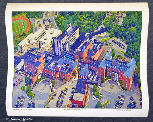 Salem Hospital campus in Salem, MA, aerial art print featuring red brick architecture, rooftop details, and surrounding greenery from a 2021 perspective.