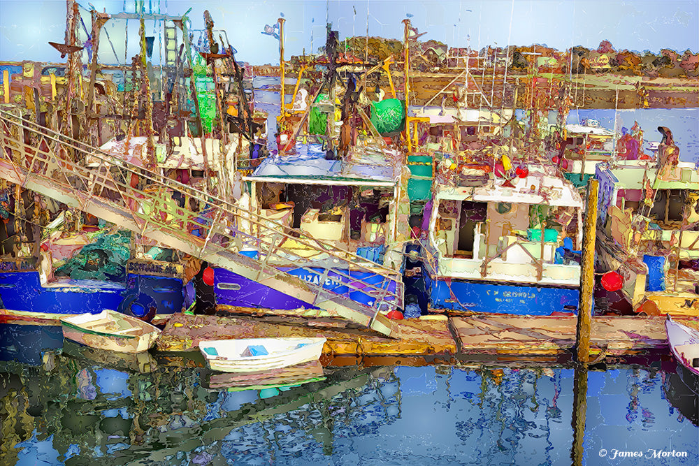 Scituate MA Art Fishing Boats docked in Scituate Harbor. Scituate Fishers Two - Original Digigraph Art Print. Artist James Morton.
