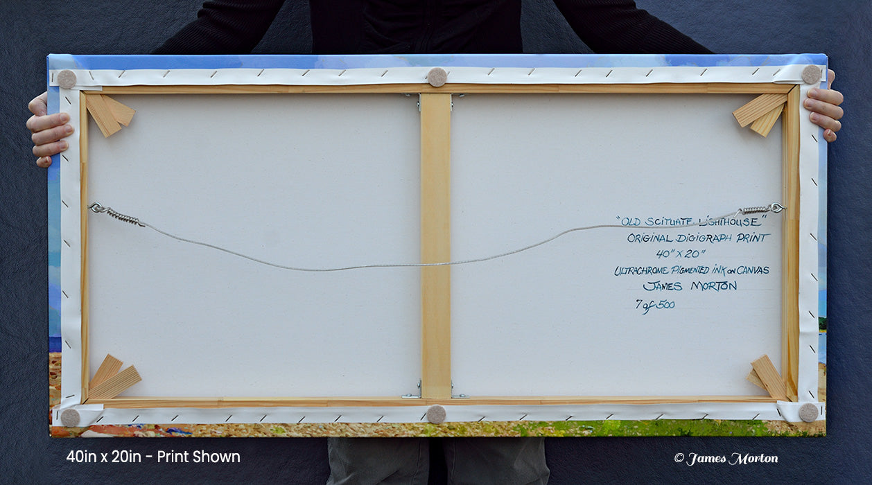 Scituate Lighthouse Canvas print. Back of stretched canvas hand signed, titled and numbered by artist, James Morton. Ready to hang, 40in x 20in stretched canvas print on heavy duty stretcher bars.