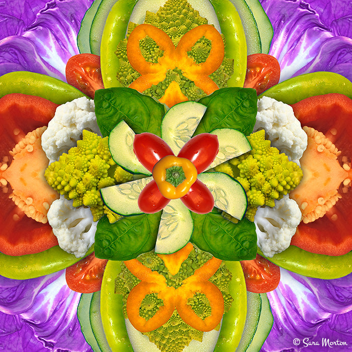 A crisp, colorful and refreshing vegetable kaleidoscope art print in a Digital Collage design that features Bell Peppers, Cauliflower, Tomatoes and Broccoli with purple radicchio in the background.