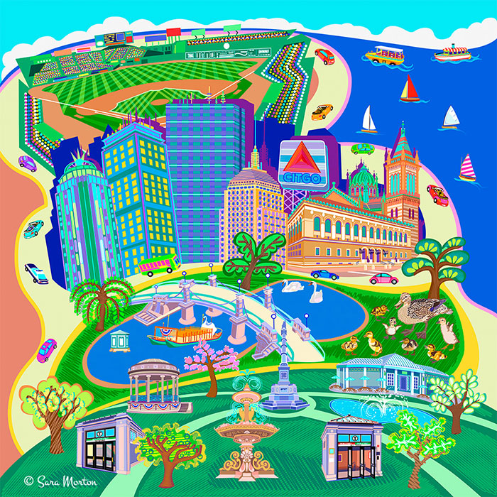 Boston Back Bay Canvas Print: Vibrant cityscape with iconic Fenway Park, Boston Public Garden, Skyscrapers, landmarks, roads, and colorful cars. Handcrafted with archival inks.