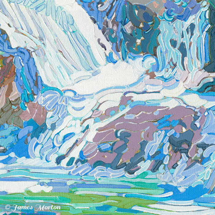 Detail of granite rock textures and flowing waterfall water, basin pool reflections with loose gestural brushstrokes, from Basin Falls acrylic painting.