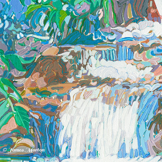 Close-up detail of Basin Falls acrylic painting showing cascading waterfall water, forest plants and layered granite rock forms.