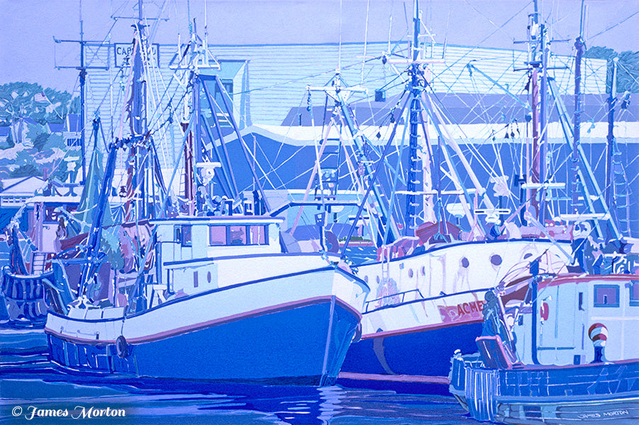Painting of Gloucester Harbor with fishing boats at Fisherman's Wharf and Cape Pond Ice sign in background, featuring a cool palette of blue, violet, and white.