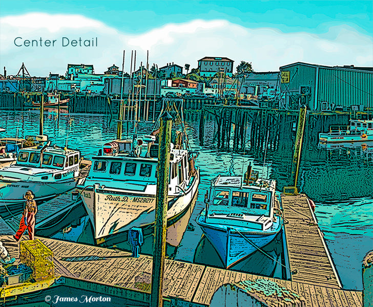 Middle section of digital woodcut showing a fisherman walking along the weathered pier, surrounded by lobster boats, red hulls, and hints of yellow traps on the dock.