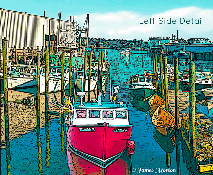 Close-up of fishing boats docked along the wooden pier in Gloucester Harbor, with rippling blue water and reflections of pylons and boat hulls beneath the wharf buildings.