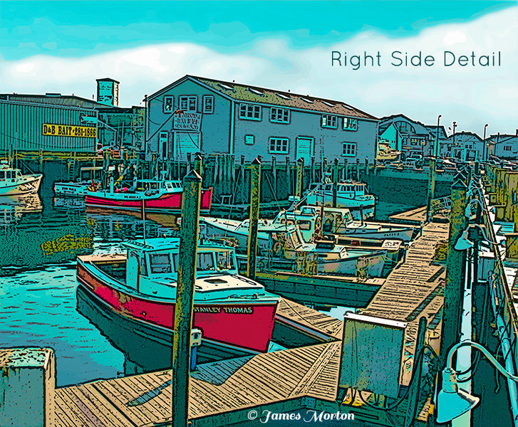 Right side view of Gloucester’s Fisherman’s Wharf, with aquamarine-toned water, wharf structures, and detailed fishing boats in an atmospheric coastal setting.