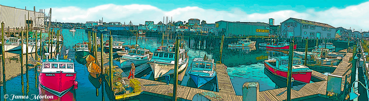 Digital woodcut of Gloucester MA Fisherman’s Wharf with fishing boats, reflections in the harbor, and a fisherman walking along a wooden pier.