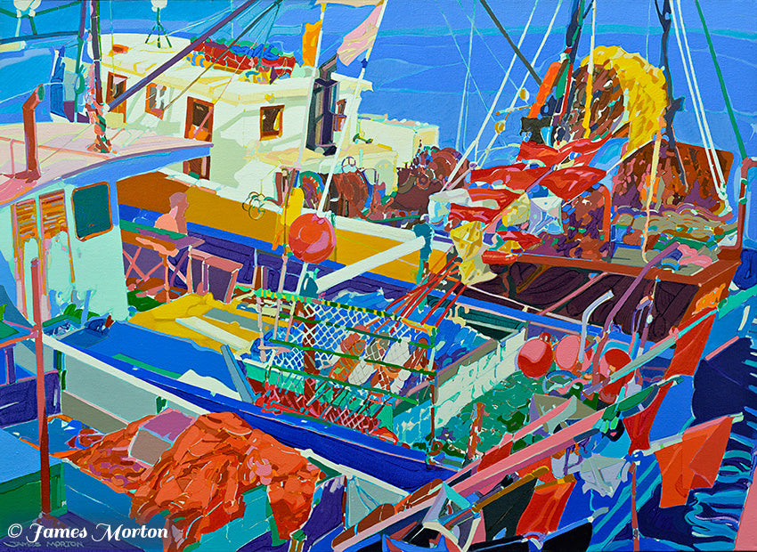 Painting of Plymouth MA fishing boats at dock with fishermen’s gear, red and green flags, nets, and vivid blue harbor water.