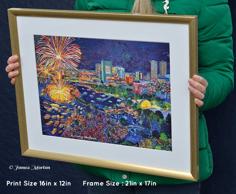 Framed Canvas Print of Boston Esplanade Fireworks Fourth of July Boston Pops at Hatch Shell. Aerial view of the city. Framed Print 20in x 16in Ready to Ship.