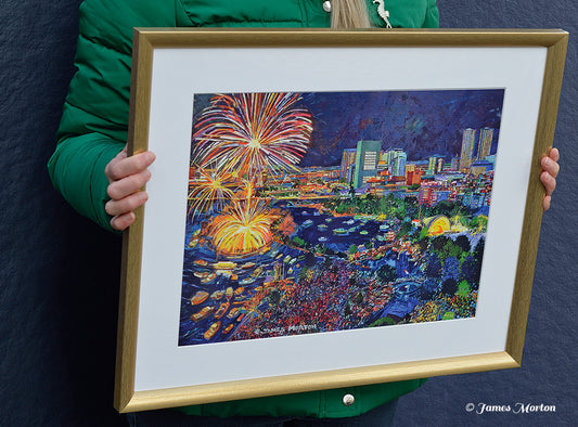 Boston Canvas Art Print, Painting of fireworks display Fourth of July Boston Pops with the Hatch Shell and boats in the Charles River. Boston Skyline in the Background. Framed 20in x 16in Canvas print that is ready to hang and ship.
