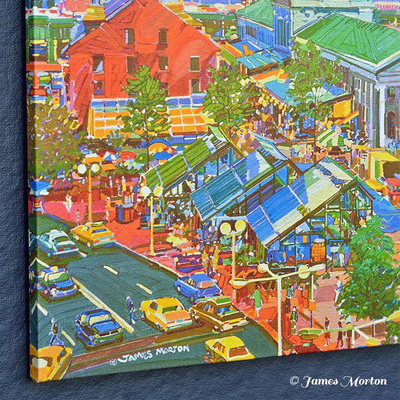 Faneuil Hall marketplace canvas print detail of lower left corner features vintage Quincy Greenhouses in the foreground.