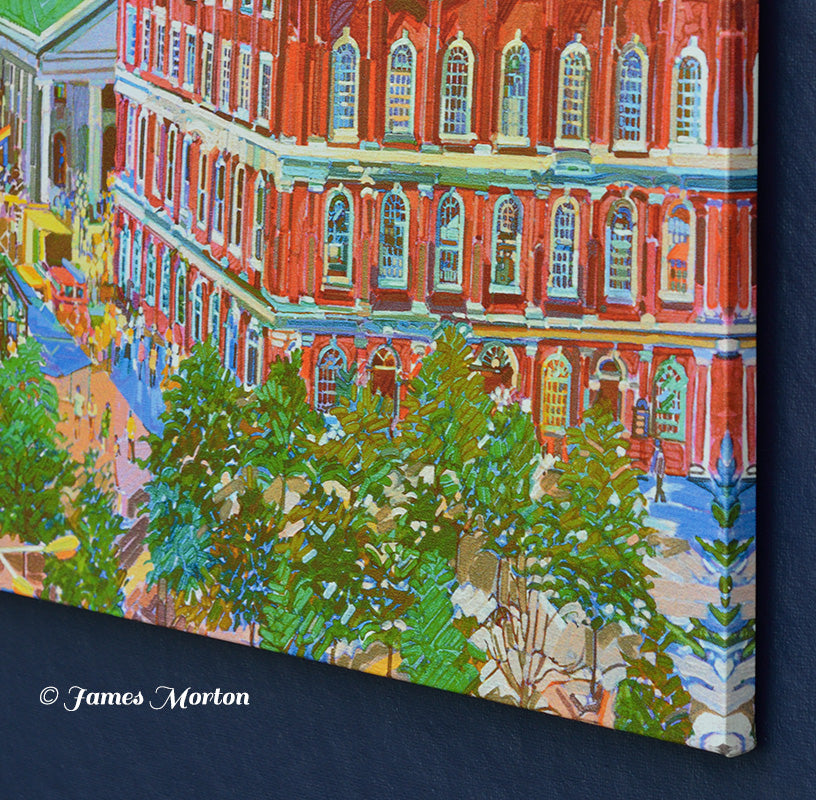 Faneuil Hall Boston canvas art print lower right corner featuring gallery wrapped canvas with image wrapped edge.